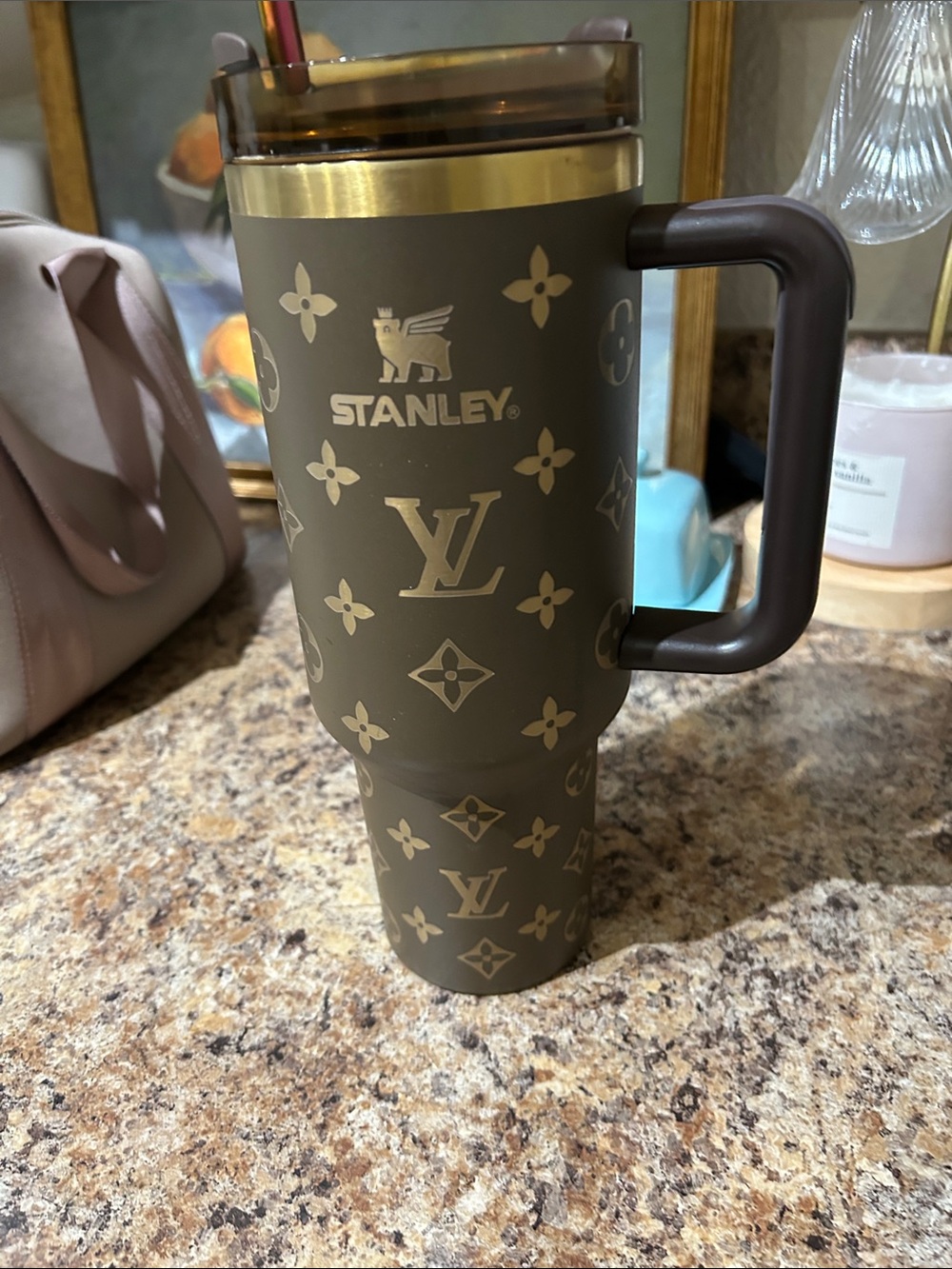 Stanley Olive Travel Tumbler with Gold Accents and Handle
